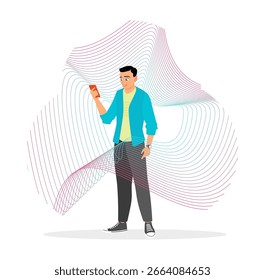 Hombre joven que sostiene un smartphone, de pie contra un patrón de onda abstracto. Exhibir la tecnología moderna y la creatividad. Personas que sostienen el concepto de teléfonos inteligentes.
