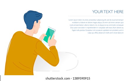 Young man is holding a smartphone, surfing on internet and chatting on messenger. Lifestyle sketch, vector illustration with place for your text.
