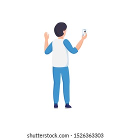 Young man holding a smartphone and take a selfie, using smartphone. Blogger making a video for social media. Male cartoon character. Colorful vector illustration
