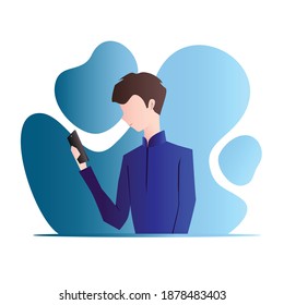 Junge Leute, die ein Smartphone halten, SMS schreiben und Anrufe tätigen. Zeichentrickfigur mit seinem Gadget.