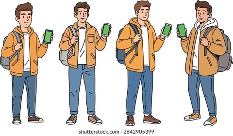 Young man holding a smartphone, travel ready with backpack, vector illustration
