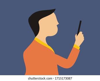 Joven sosteniendo ilustración vectorial de smartphone - plano