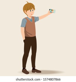 Young man holding smartphones and taking selfie. Cartoon characters with mobile phones. Flat vector illustration