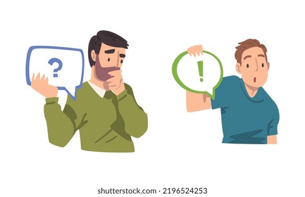 Young Man Holding Speech Chat Bubble in Her Hands Vector Set