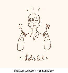 Young man holding spoon and fork with Let's Eat handwritten lettering, eating dining concept, hand-drawn style vector illustration.