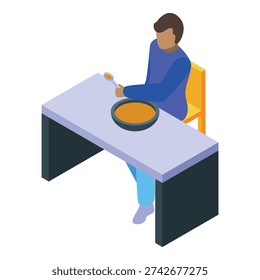 Young man holding spoon, sitting at table and eating soup from bowl