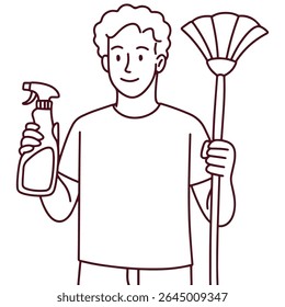 Young man holding spray bottle and duster stands confidently, ready to clean house. Male character symbolizes cleanliness, home care, routine tasks, and domestic responsibility
