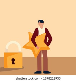 young man holding star and padlock decoration design vector illustration