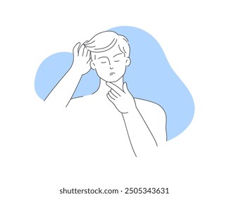 Young man holding strand of hair, male character thinking vector illustration