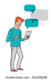 Young man holding a tablet. Man communicates online.