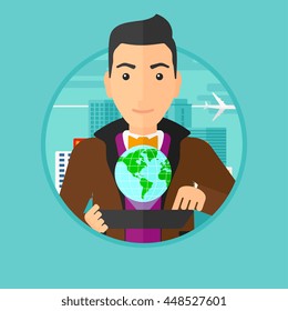 Young man holding a tablet computer with a model of planet earth above the device. International technology communication concept. Vector flat design illustration in the circle isolated on background.