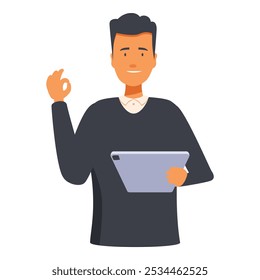 Young man is holding a tablet and gesturing ok sign, smiling
