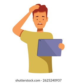 Jovem segurando o tablet e tendo problemas com o trabalho, coçando a cabeça com a expressão preocupada em seu rosto