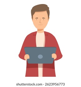 Young man is holding a tablet, possibly browsing the internet or working remotely