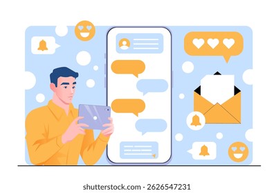 A young man holding a tablet while chatting, shown next to a large smartphone interface with message bubbles, emojis, and notifications on a blue background. Vector illustration