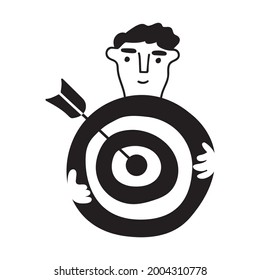 Young man holding target with arrow. Outline vector illustration.