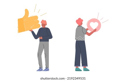 Young Man Holding Thumb Up and Like Sign as Notification of Approval Vector Set