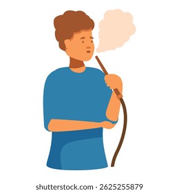 Young man is holding a traditional hookah pipe, taking a drag and exhaling a plume of smoke