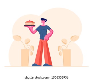 Young Man Holding Tray with Cake Presenting Home-Made Bakery Food. Male Character Preparing Delicious and Healthy Meal for Dinner for Weekend Spare Time. Cartoon Flat Vector Illustration