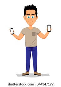 Young Man Holding Two Smartphones. Vector Illustration.