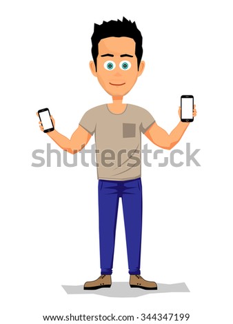 Young man holding two smartphones. Vector illustration.
