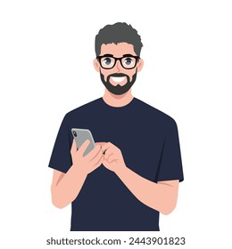 Young man is holding and typing on a smartphone. Flat vector illustration isolated on white background