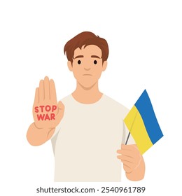 Young man holding the Ukranian flag with stop war sign. Flat vector illustration isolated on white background