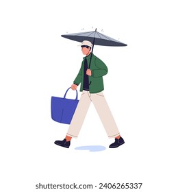 Young man holding umbrella, carrying bag. Guy with parasol walking in rainy weather. Person step over puddle. Boy under brolly strolling in rain. Flat isolated vector illustration on white background