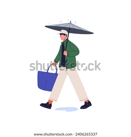 Young man holding umbrella, carrying bag. Guy with parasol walking in rainy weather. Person step over puddle. Boy under brolly strolling in rain. Flat isolated vector illustration on white background