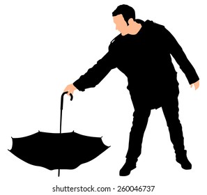 Young man holding an umbrella down, vector