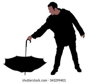 Young man holding an umbrella, vector