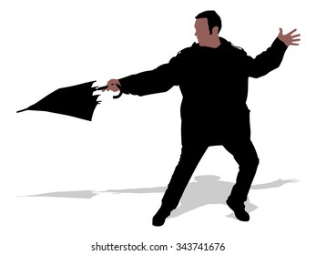 Young man holding an umbrella, vector