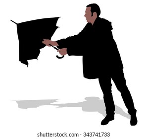 Young man holding an umbrella, vector