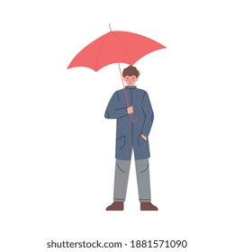 Young Man Holding Umbrella and Walking Along the Street Vector Illustration