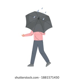 Young Man Holding Umbrella and Walking Along the Street Vector Illustration