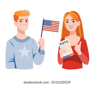 Hombre joven que sostiene la bandera de los E.E.U.U. y mujer con la boleta de voto. La hembra da el pulgar hacia arriba. Personajes de dibujos animados de medio cuerpo sobre fondo blanco. Pareja americana pelirroja. Concepto electoral. Ilustración vectorial.