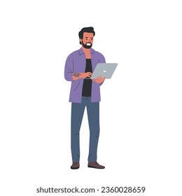 Young man holding and using laptop. Vector flat style cartoon  illustration