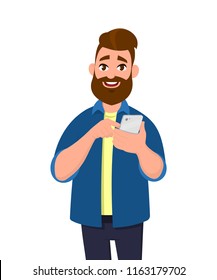 Young man holding or using smartphone. Mobile phone concept. Vector illustration cartoon style.