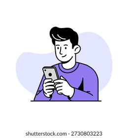 Young man holding and using a smartphone, casually dressed and smiling while interacting with his mobile device