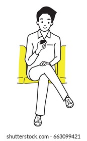 Joven sosteniendo y usando un smartphone, sentado en el metro. Estilo de dibujo de mano de línea o esquema. Dibujo vectorial, dibujo animado, diseño de doodle. 