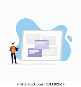 Young man holding and using tablet (PC) for explainer presentation with screen, Businessman holding opened tablet in his hands vector illustration, concept in vector illustration style.