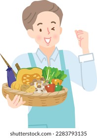 Young man holding vegetables in basket