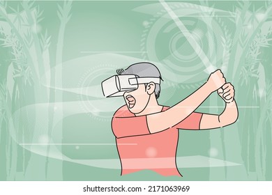Junger Mann, der virtuelles Schwert im Spiel der virtuellen Realität hält. Flaches Design-Illustration
