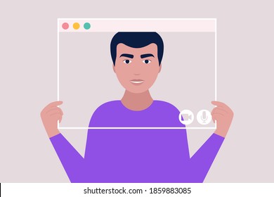 Young man holding virtual window frames. Illustration of conference video call, video call to a friend, study online, business meeting. Colorful flat vector illustration.