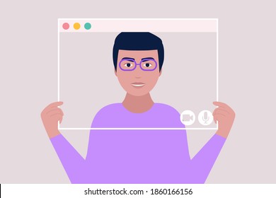 Young man holding virtual window frames. Illustration of conference video call, video call to a friend, study online, business meeting. Colorful flat vector illustration.