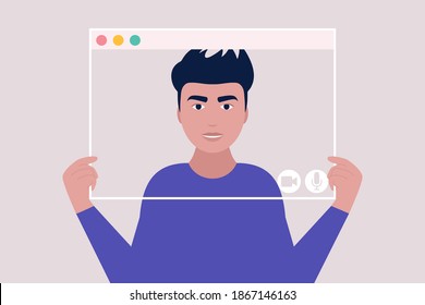 Joven sosteniendo marcos virtuales de ventana. Ilustración de videollamada de conferencia, videollamada a un amigo, estudiar en línea, reunión de negocios. Ilustración de vector plana colorida.
