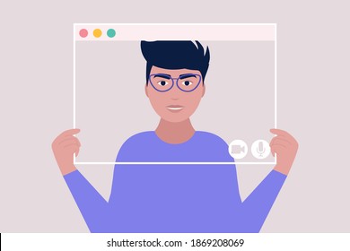 Junge Leute, die virtuelle Fensterrahmen halten. Illustration von Konferenz-Video-Anruf, Video-Anruf an einen Freund, Studium online, Business-Meeting. Farbige flache Vektorgrafik.
