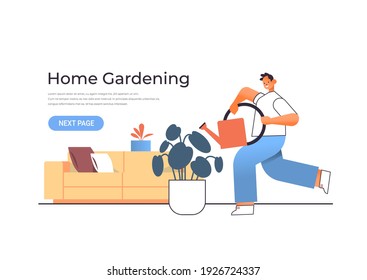 young man holding watering can and pouring plants home gardening concept guy taking care of houseplants full length horizontal vector illustration