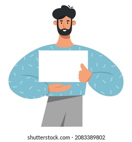 Young man holding white board, poster, banner. Business presentation, sale offer or advertising concept.  Flat vector illustration on white background.