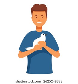 Young man is holding a white dove smiling peacefully symbolizing freedom and love